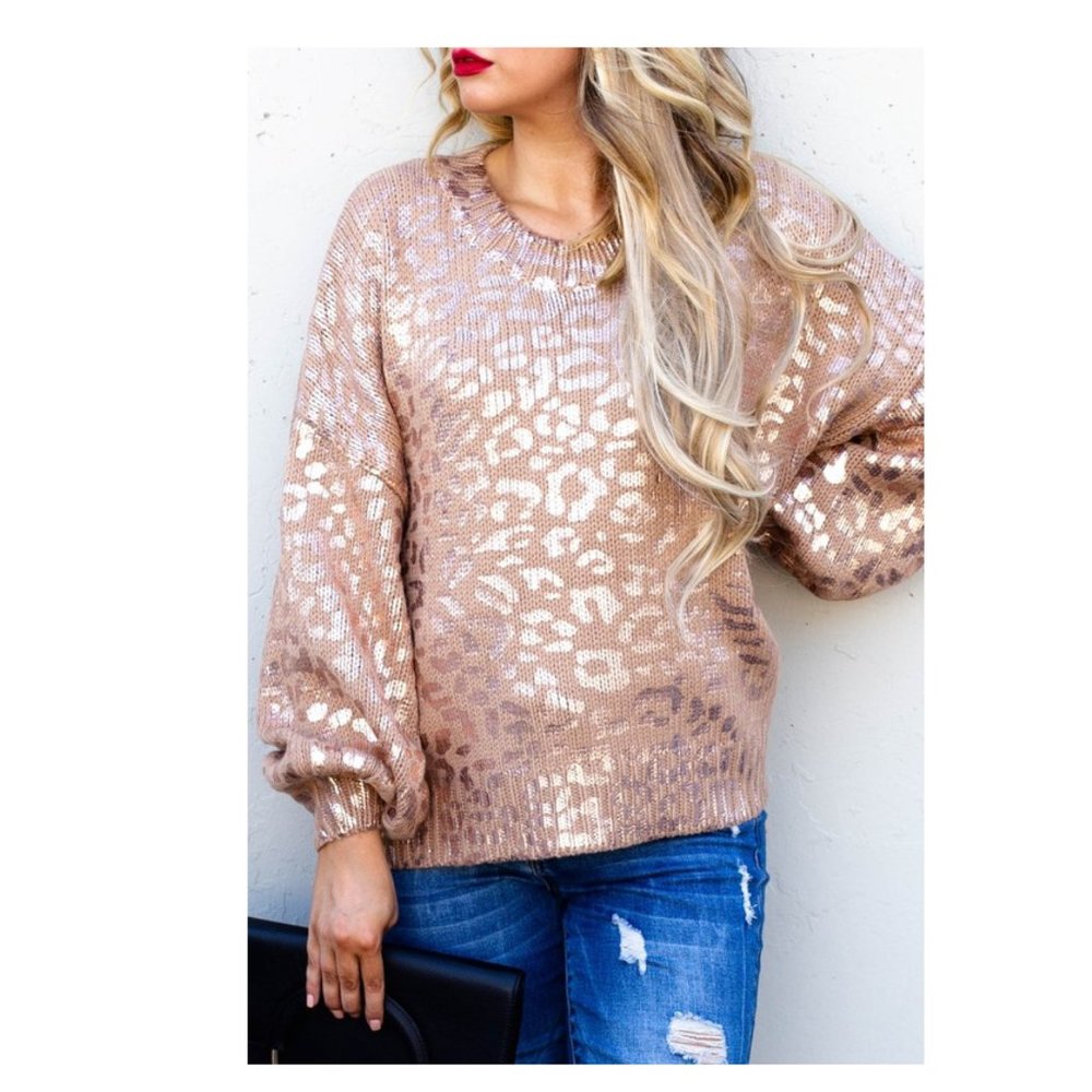 Tan Sweater with Gold Leopard Print